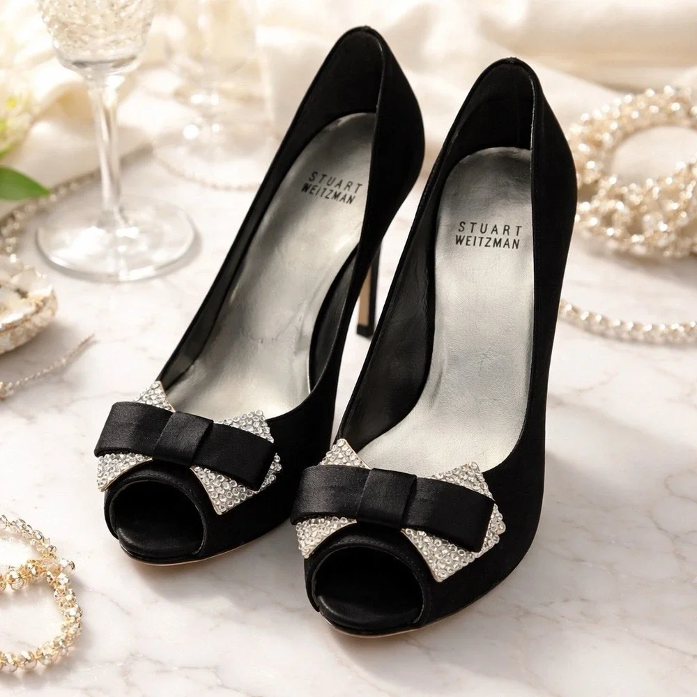 Stuart Weitzman Black Satin Peep Toe Heels Bows Rhinestones Shoes Sz 7.5 Formal
